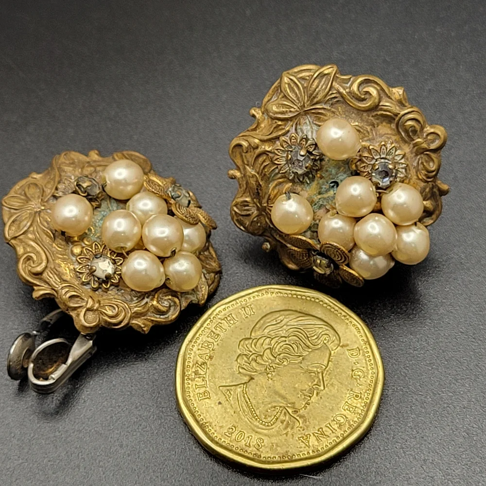 Vintage Art Nouveau Brass Faux Cluster Pearl Sterling Clip-On Earrings *AS-IS* - Picture 11 of 15